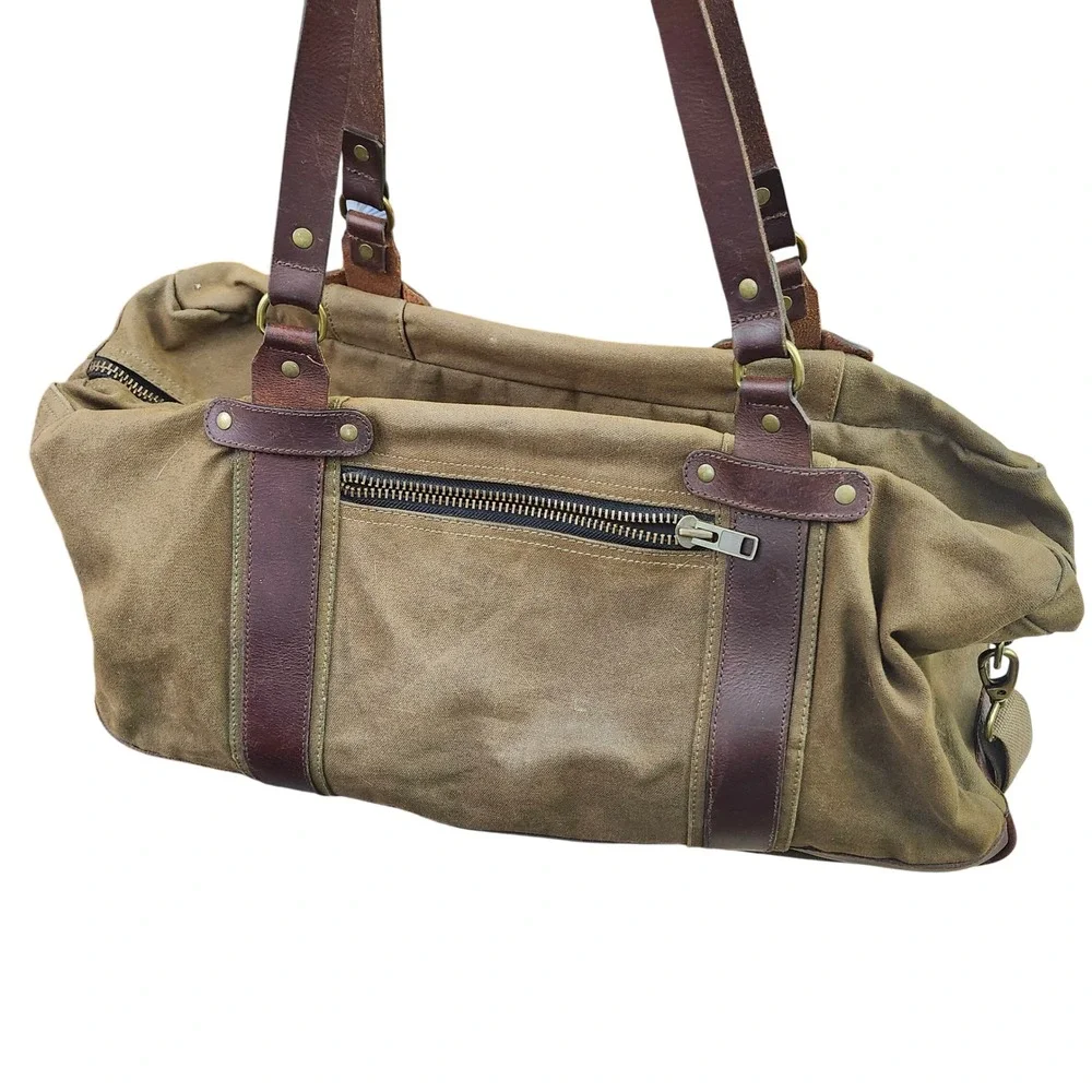 The Normal Brand Waxed Canvas Leather Duffel Bag Olive Green Weekender Travel